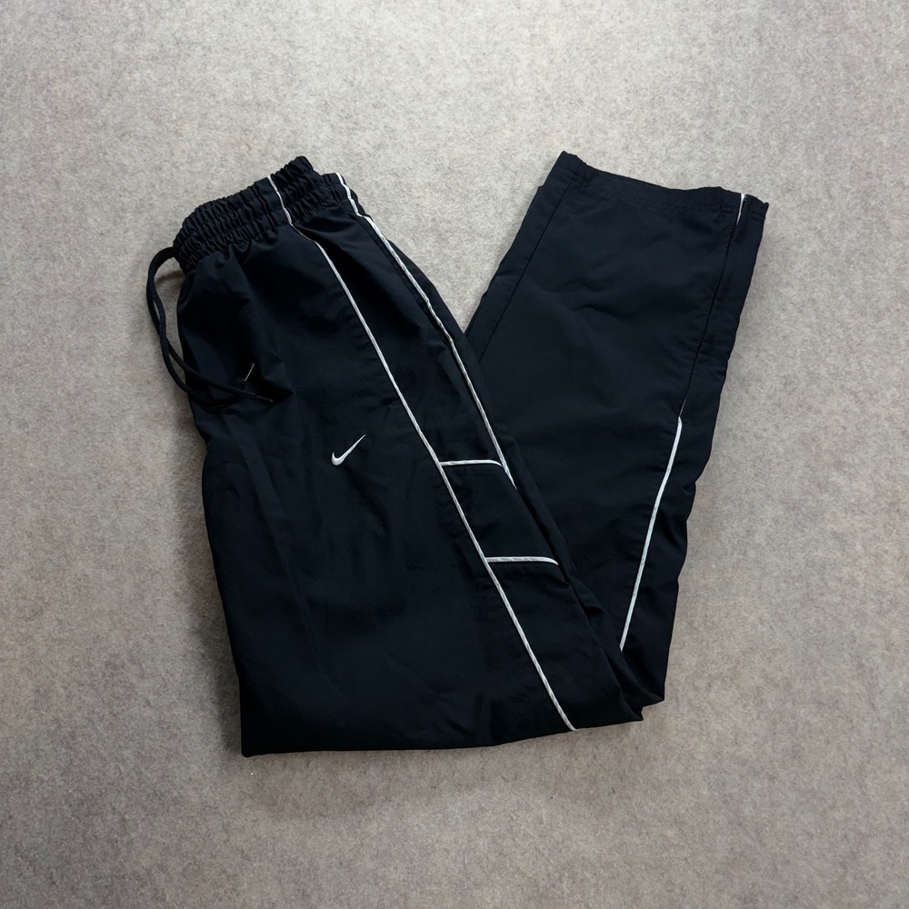 Y2K Nike Mens Small Black Track Pants White Piping Mesh Lined Zipper Cuffs Baggy